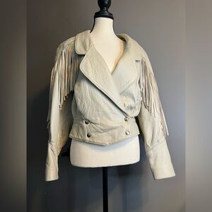 The Old Mill Glen Laine by Bainton Ivory Vintage Leather Fringe Jacket  M EUC